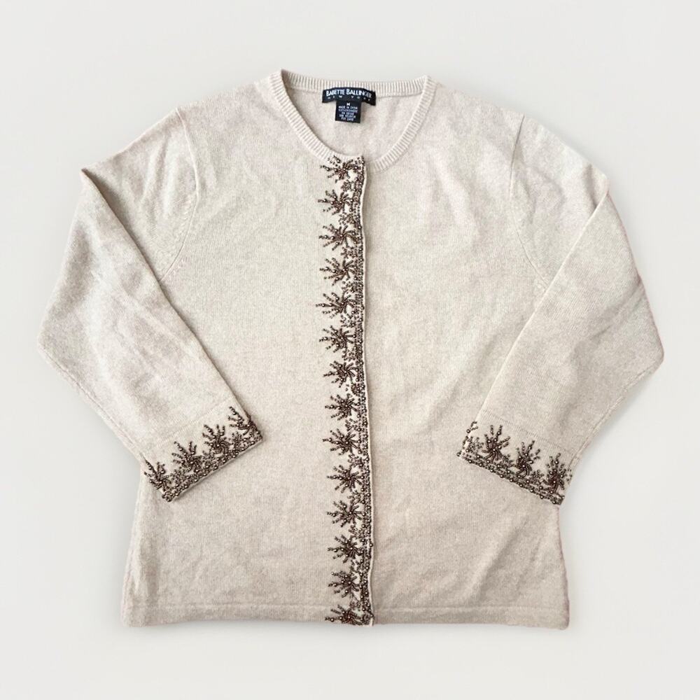 Babette Ballinger Cashmere Beaded Cardigan Womens Size Medium Beige Quiet Luxury